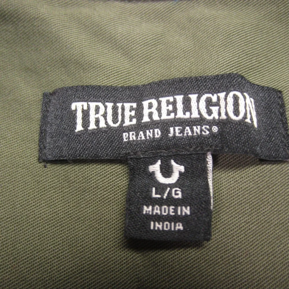 True Religion Shirt Mens L Green Short Sleeve Button Up Triple Needle Pocket